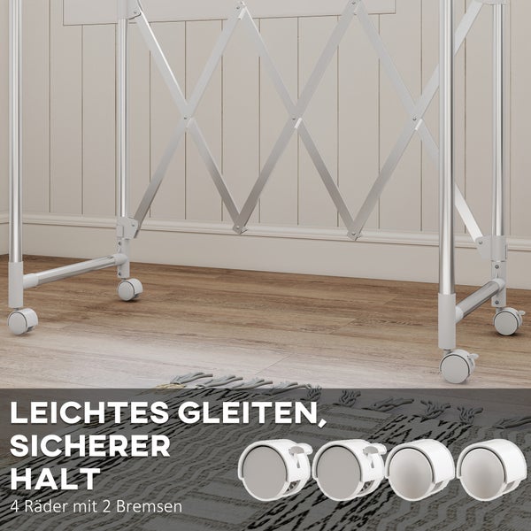 Mobiles Gestell aus Metall mit vier Rollen, zwei davon mit Bremsen, für einfaches Bewegen und einen sicheren Stand.