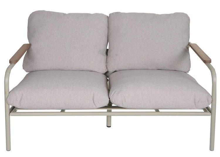 2-Sitzer Gartensofa mit Metallgestell, Polsterauflagen und Armlehnen aus Holz.