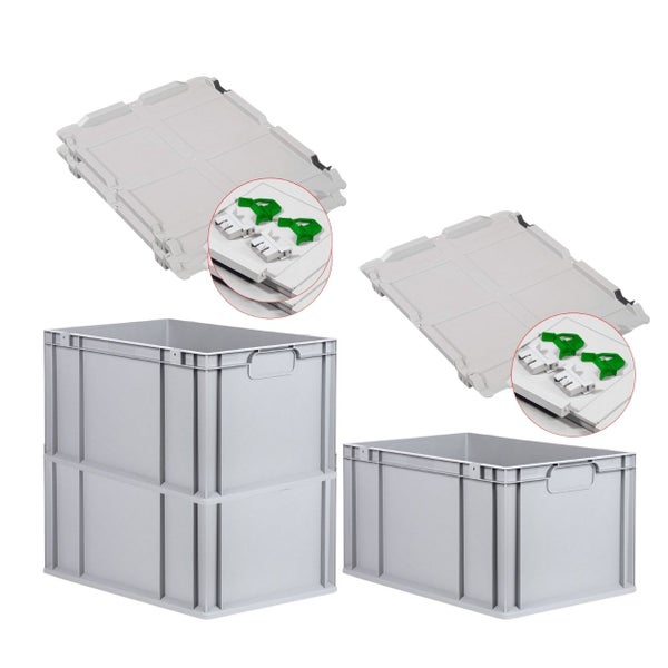 PROREGAL Spar Set 3x Eurobox Nextgen Economy Mit Scharnierdeckel & Grünen Schiebeschnappverschlüsse Griffe Geschlossen HxBxT 32 x 40 x 60 cm 65 Liter