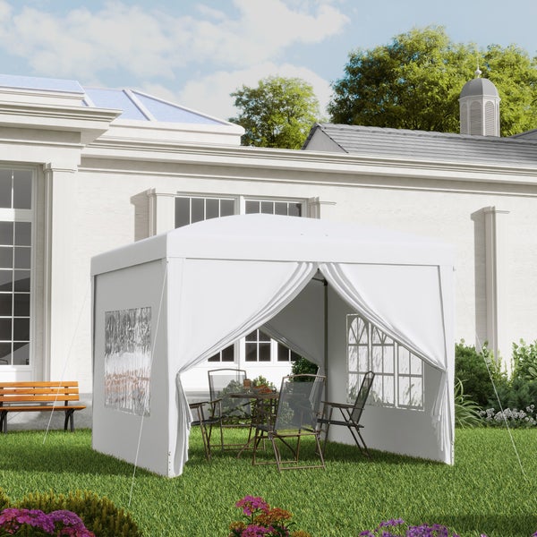 Outsunny Pavillon ca.3x3m, wasserabweisend Stabil Winterfest Pop-up Faltpavillon, UV Schutz 50+, Faltbar Partyzelt Gartenzelt mit 4 Seitenteilen Tasche Gartenpavillon für Camping Garten, Weiß