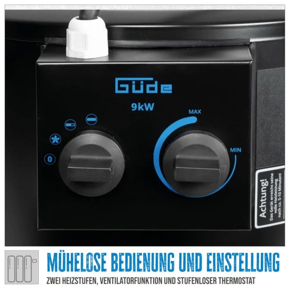 Nahaufnahme des Bedienfelds eines Güde Heizgeräts mit zwei Drehknöpfen für Heizstufen und Thermostat
