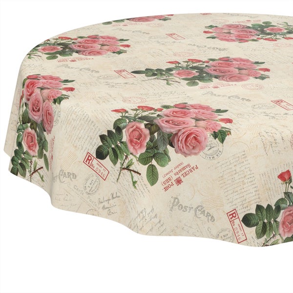 Runde Tischdecke mit Vintage-Postkarten-Motiv und rosa Rosen.