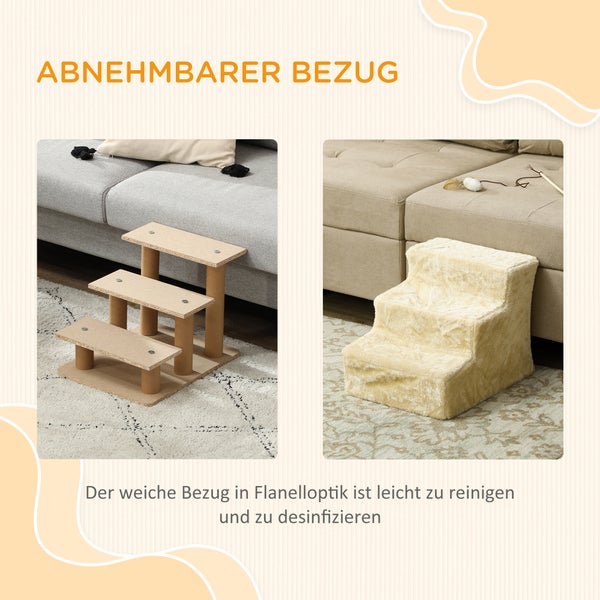 PawHut Hundetreppe 3 Stufen 35 cm Hoch Haustiertreppe für kleine Hunde oder Katzen, Katzentreppe Hunderampe mit Waschbar Plüschbezug für Bett, Sofa, Couch, Beige