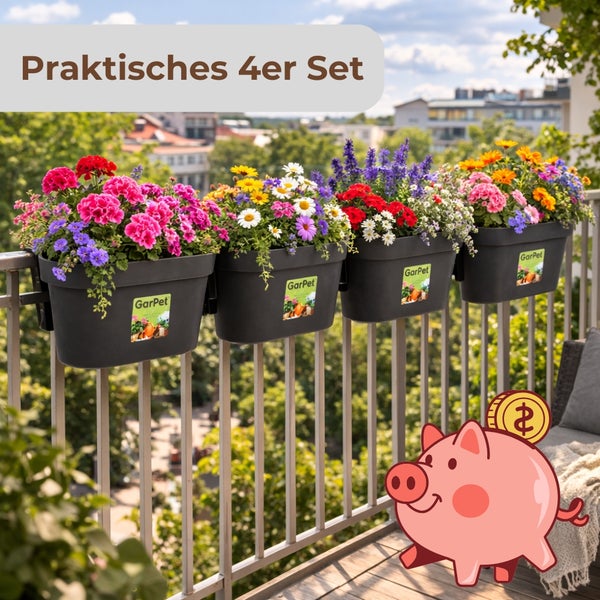 GarPet Balkonkästen im Vierer-Set mit Blumen an einem Balkongeländer, Sparangebot.