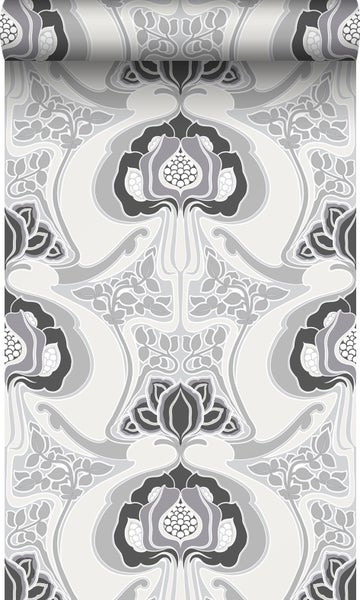 Origin Wallcoverings Tapete Jugendstil-Blumenmuster Schwarz und Grau - 53 cm x 10,05 m - 347209