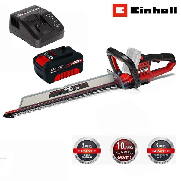Einhell Akku-Heckenschere Arcurra mit Hedgeraker, 18 Volt 4,0 Amperestunden Akku und Ladegerät. Einhell Logo und Symbole für 3 Jahre Garantie.