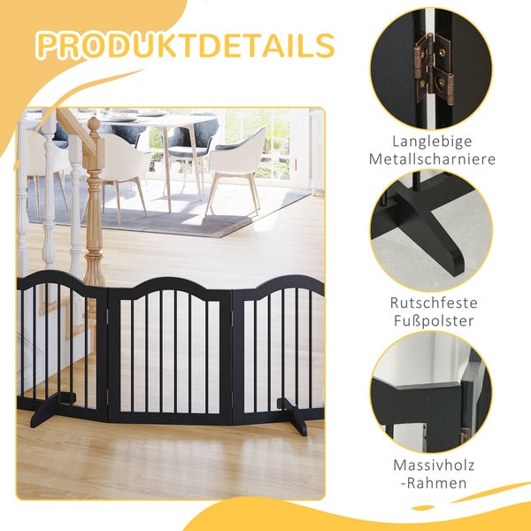 PawHut Absperrgitter Hund 3-teilig, 154,5 x 61 cm Faltbar Hundegitter mit Tür, Türschutzgitter mit 2 Stützfüßen, Freistehend Treppengitter für Küche, Flur, Schwarz
