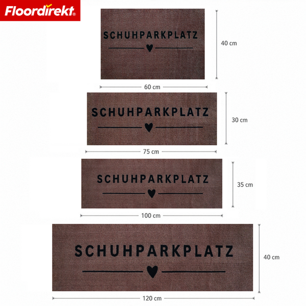 Vier Fußmatten mit Schuhparkplatz Aufschrift in unterschiedlichen Größen von 60 mal 40 Zentimeter bis 120 mal 40 Zentimeter Floordirekt Logo