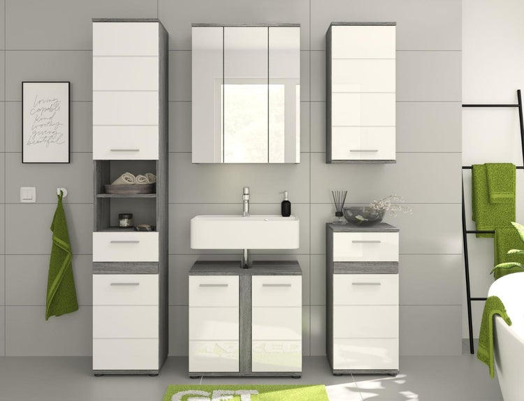 Modernes Badezimmermöbel Set bestehend aus Hochschrank, Waschbeckenunterschrank und Spiegelschrank in Grau und Weiß.