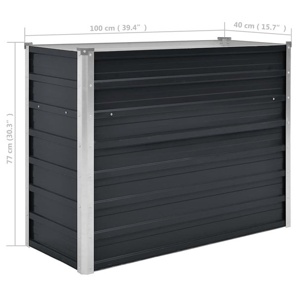 Hochbeet aus Metall in Anthrazit mit den Maßen 100 Zentimeter mal 40 Zentimeter mal 77 Zentimeter.