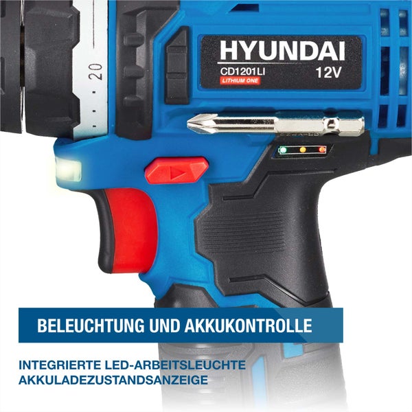 Hyundai Akkubohrschrauber 12 Volt mit integrierter LED Arbeitsleuchte und Akkuladezustandsanzeige