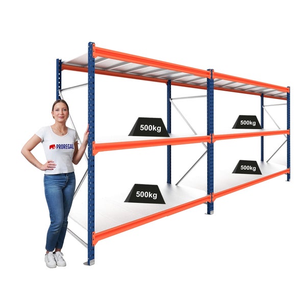 Schwerlastregal von PROREGAL mit drei Ebenen, Traglast 500 Kilogramm pro Boden, blaues Gestell, orange Traversen.