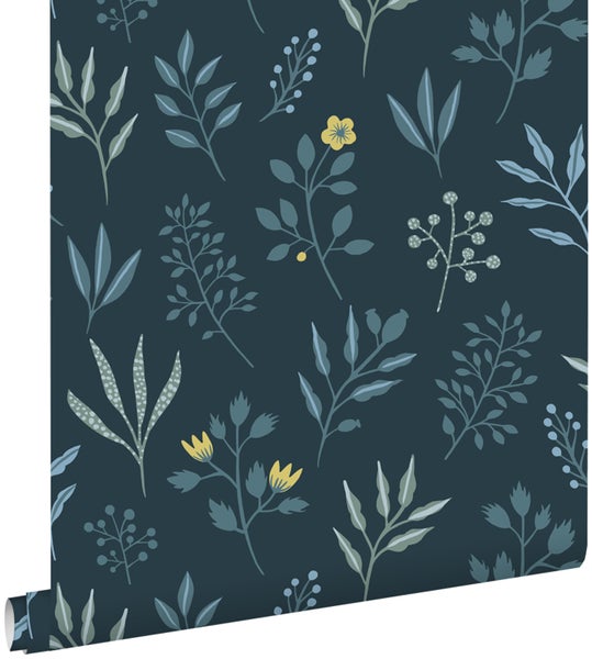 ESTAhome Tapete Blumenmuster im skandinavischen Stil Dunkelblau und Ockergelb - 53 cm x 10.05 m - 139082