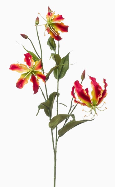 Künstliche Gloriosa Blume mit rot-gelben gewellten Blütenblättern, Staubgefäßen und Knospe an grünem Stiel.