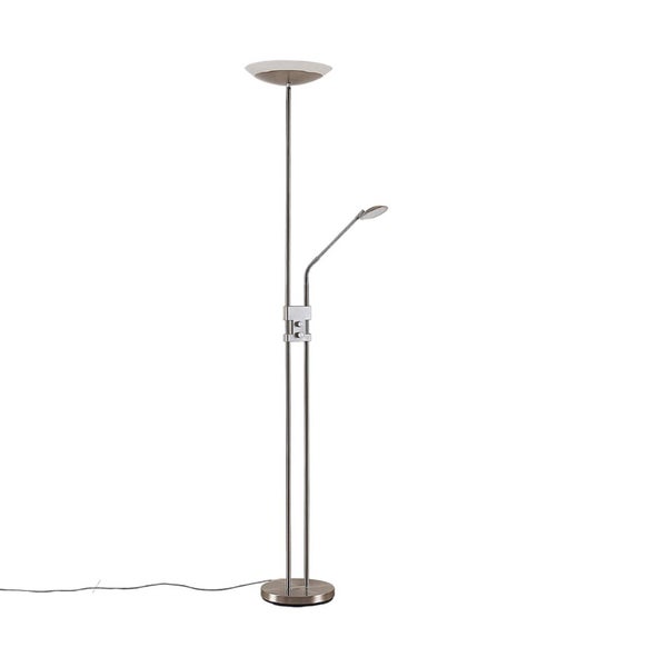 Stehleuchte aus Metall in Nickel-Optik mit Deckenfluter und verstellbarem Lesearm sowie zwei Drehreglern.