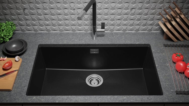 PRIMAGRAN Unterbauspüle Granit Schwarz Metallic 76x47cm, Spülbecken 1 Becken + Ablauf-Set, Granitspüle ab 80er Unterschrank - London