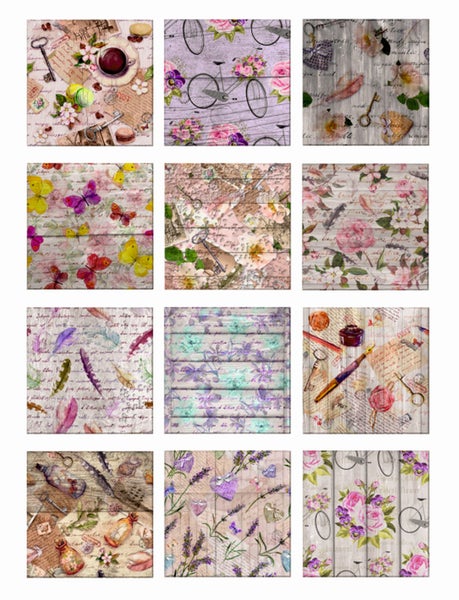 Dekorative Papierauswahl mit verschiedenen Vintage-Motiven wie Blumen, Fahrrädern und Schreibutensilien