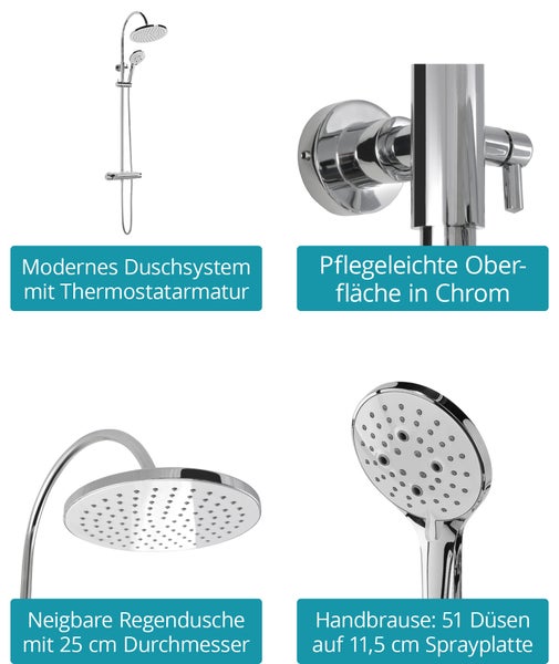 Calmwaters® Duschsystem Chrom, mit Thermostat-Armatur, 3-strahlige Handbrause, integrierte Ablage, Anti-Kalk, höhenverstellbar, Kleben oder Bohren, 20DP6174