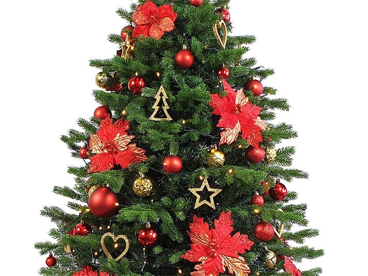 Geschmückter Weihnachtsbaum mit Kugeln, Sternen, Herzen und künstlichen Blumen als festliche Dekoration.