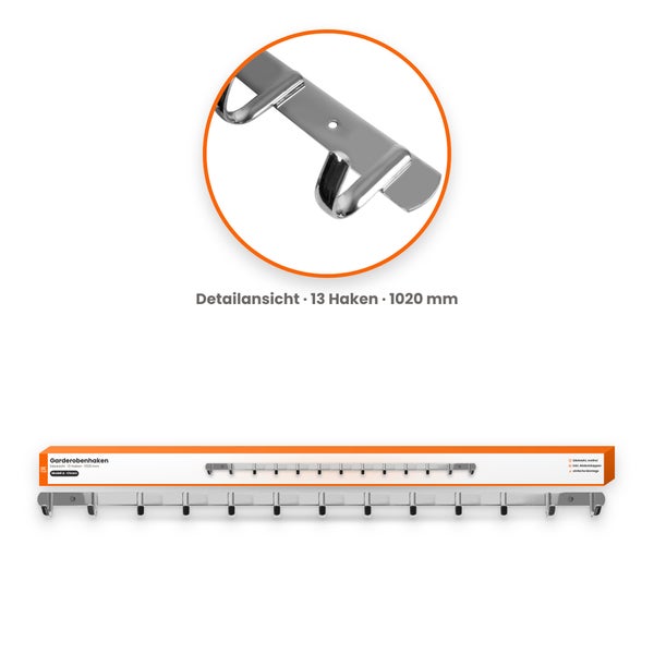 Garderobenhakenleiste aus Edelstahl mit 13 Haken und 1020 Millimeter Länge inklusive Montagematerial und Abdeckkappen.