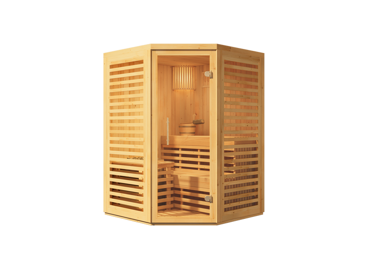 Eckige Indoor-Sauna aus Holz mit Glastür, Sitzbänken, Innenbeleuchtung und Saunazubehör.