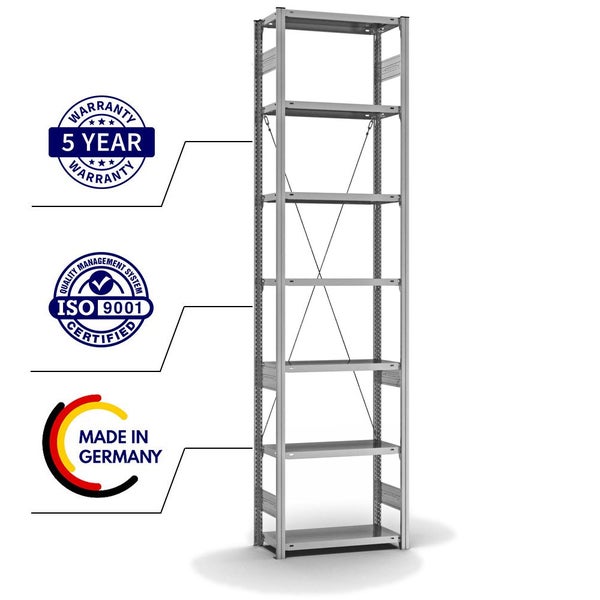 PROREGAL Fachbodenregal Stecksystem T-Profil Light-Duty Grundregal HxBxT 300 x 75 x 30 cm 7 Ebenen Fachlast 150 kg Einseitig Nutzbar Verzinkt