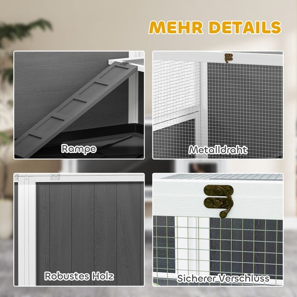 Detailansicht eines Kleintierstalls mit Holzrampe, Metalldraht, robustem Holz und sicherem Verschluss.