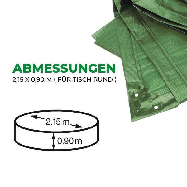 Abmessungen der grünen Schutzhülle für einen runden Tisch: Durchmesser 2,15 Meter, Höhe 0,90 Meter.