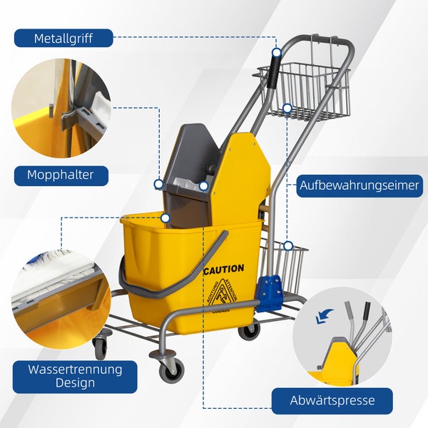 Wischwagen mit Fahrgestell, Eimer, Mop-Presse, Ablagekorb und Details zu Metallgriff, Mopphalterung, Wassertrennung sowie Bedienung der Presse.