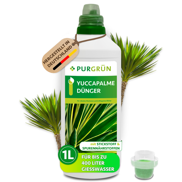 Purgrün Yuccapalme Dünger Flüssigdünger 1 Liter Flasche mit Stickstoff und Spurennährstoffen für kräftiges Wachstum.