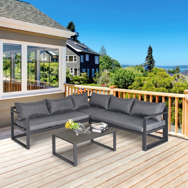Outsunny 3-tlg. Gartengarnitur Gartenmöbel-Set 4-stufig verstellbar Gartenliege Gartenset Sitzgruppe mit Beistelltisch Sofa mit Kissen Outdoor Aluminium Grau
