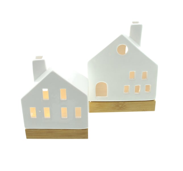 FRANK FLECHTWAREN | LED-Haus White, 2er Set, PORZELLAN, HOLZ, KUNSTSTOFF, 11,5 x 6,5 x 13,5 cm, 13 x 6,5 x 17 cm