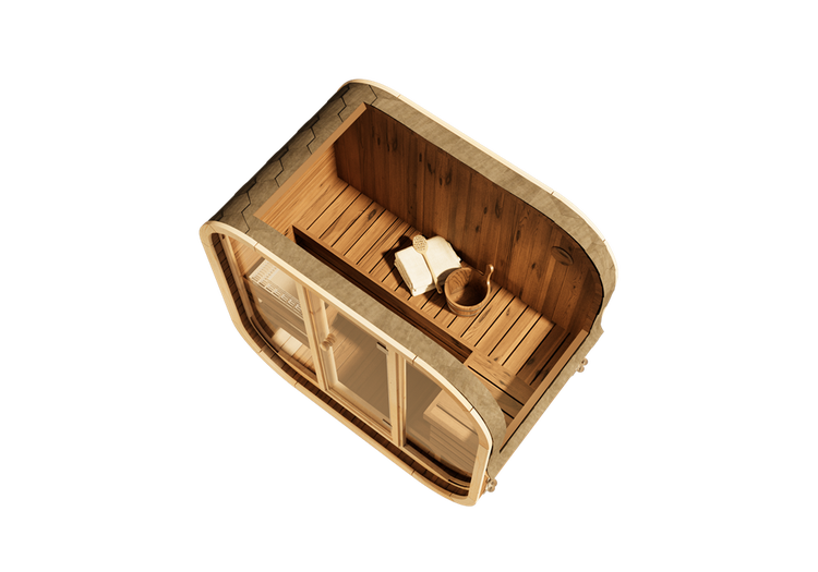 Draufsicht einer kompakten Gartensauna aus Holz mit Glasfront, Holzbänken, Saunakübel, Kelle und Handtüchern.