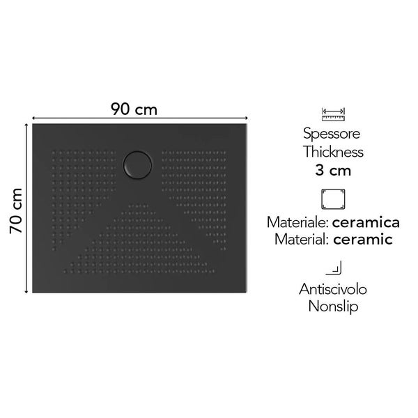 Rechteckige Duschwanne aus Keramik, 90 mal 70 Zentimeter, 3 Zentimeter hoch, rutschhemmende Oberfläche.