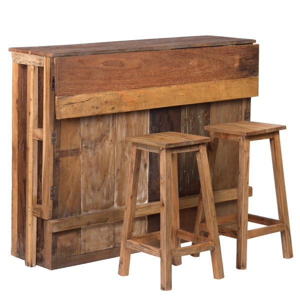 Barschrank-Set Aruba 3-tlg. Massivholz, mit 2 Barhockern, 12er Flaschenregal und Gläserschienen naturfarben