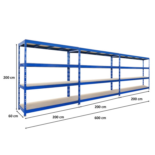 Blaues Metallregal mit vier Ebenen und den Maßen 200 x 60 x 200 Zentimeter