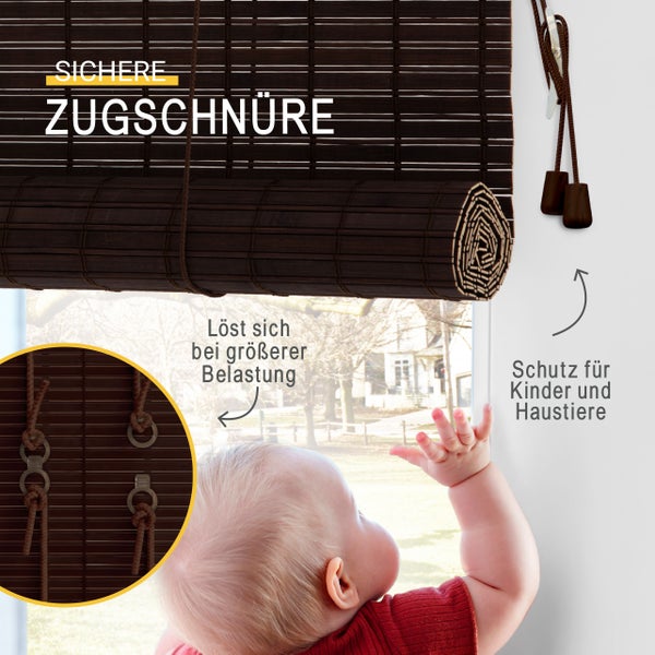 Bambusrollo mit Sicherheitsschnüren, die sich bei Belastung lösen, für den Schutz von Kindern und Haustieren.