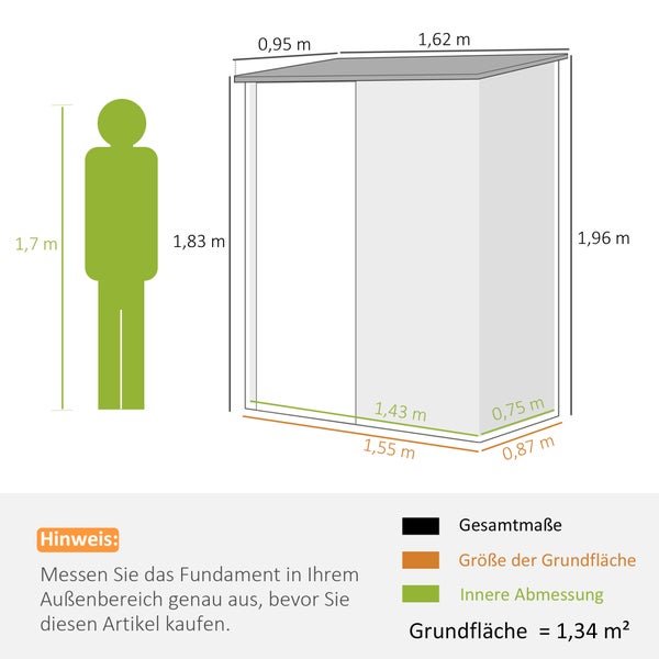Outsunny Gerätehaus mit Pultdach, Gartenhaus, verzinkt, 1,34 m²,  161,5 x 94,5 x 196 cm, Stahl, Braun