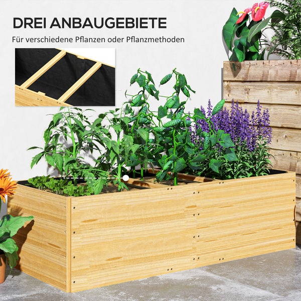 Outsunny Hochbeet aus Holz, Pflanzbeet Frühbeet mit 3 Pflanzzonen, Gartenbeet Blumenkasten, Pflanzkasten 140 x 60 x 40cm Gemüsebeet für Garten Balkon Terrasse, Pflanzkübel für Blumen, Pflanzen, Obst