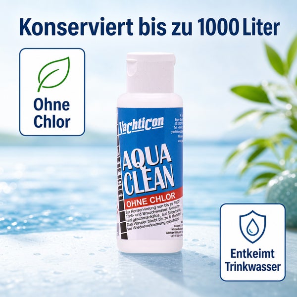 Yachticon Aqua Clean Trinkwasserkonservierungsmittel zur Desinfektion von bis zu 1000 Litern Wasser ohne Chlorzusatz.