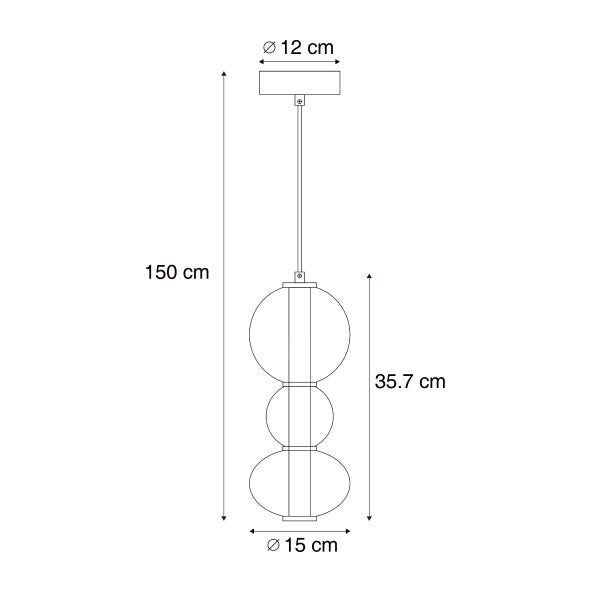 Technische Zeichnung einer Pendelleuchte mit Maßen: Höhe 150 cm, Durchmesser oben 12 cm, Durchmesser unten 15 cm, Höhe des Leuchtenkörpers 35,7 cm.