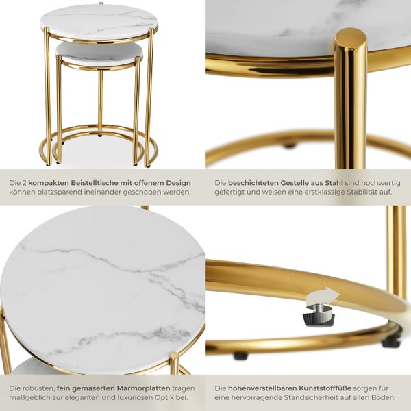 Beistelltisch tectake Ellsa ineinander schiebbar hochwertige Marmorplatten weiß/gold