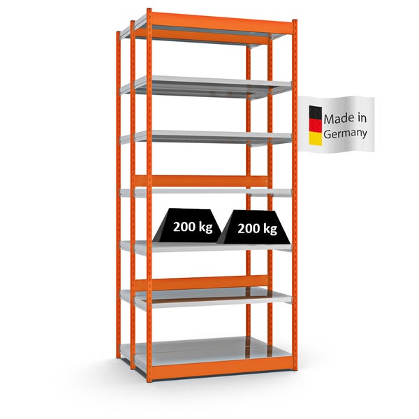 PROREGAL Fachbodenregal Stecksystem Vierkant-Profil Grundregal HxBxT 300 x 132,5 x 40 cm 2x7 Ebenen Doppelseitige Bauart Fachlast 200 kg Orange