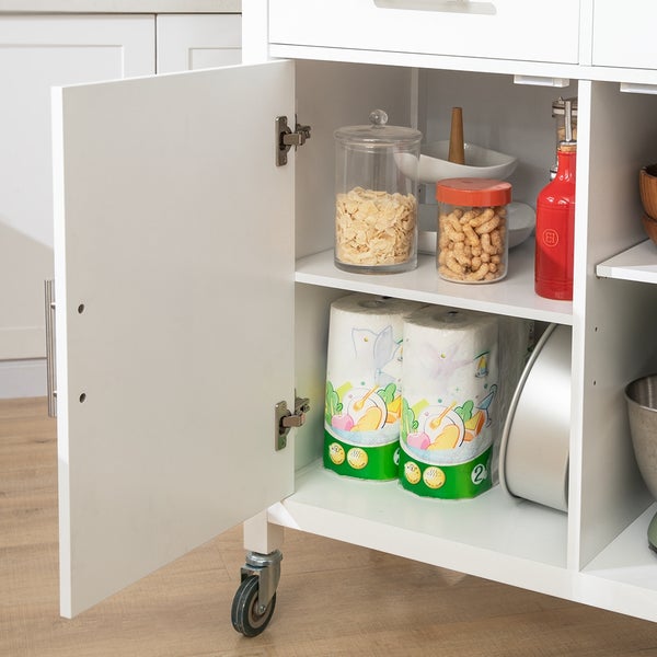 Küchenwagen mit geöffneter Tür und Blick auf die Innenregale zur Aufbewahrung von Küchenutensilien