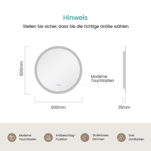 EMKE Badspiegel mit Beleuchtung LED-Spiegel mit Touchschalter ф60cm,  rund, Anti-Beschlag, 3 dimmbare Lichtfarben