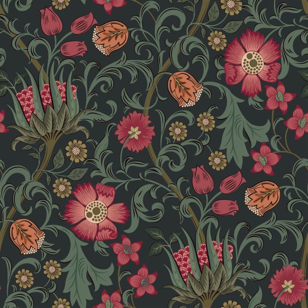 Vliestapete mit floralem Vintage-Muster aus roten und orangefarbenen Blumen sowie grünen Blättern.