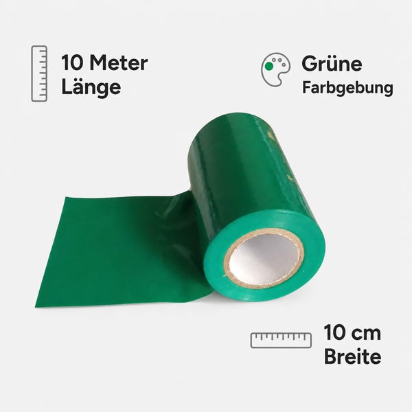 Eine Rolle grünes Klebeband mit 10 Meter Länge und 10 Zentimeter Breite.