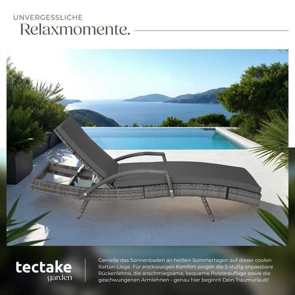 Rattan Sonnenliege tectake Océane 190 x 71 x 34 – 74,5 cm mit Aluminiumgestell grau