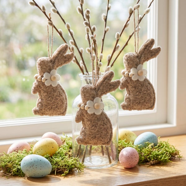 Osterdekoration mit hängenden Filzhase Anhängern an Weidenzweigen in einer Glasvase und bunten Ostereiern auf Moos am Fenster.