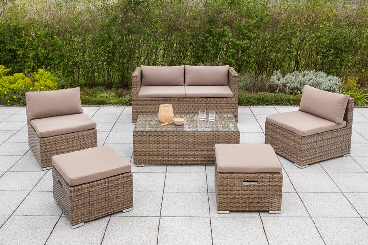 Vigo Gartenlounge Set, 1 Bank, 2 Sessel, 2 Hocker, inkl. Auflagen, 1 Tisch